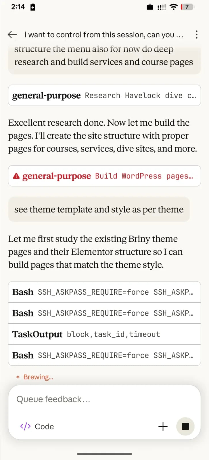 Managing AI from mobile - AI building WordPress pages