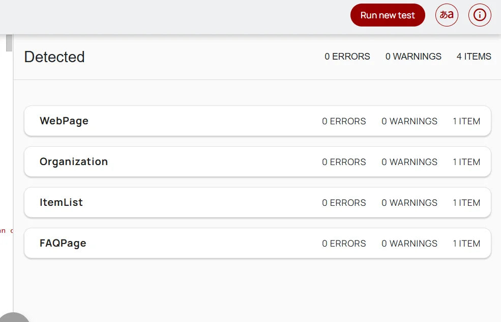 Schema markup validation showing 0 errors for WebPage, Organization, ItemList, FAQPage