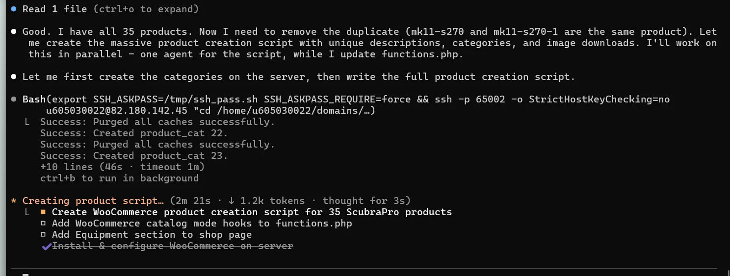 AI creating WooCommerce store with 35 product pages